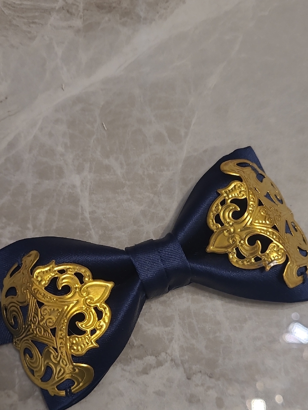 Handmade Navy Blue Satin Bow Tie with Gold Filigree Accents